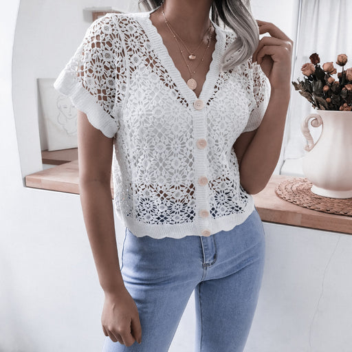 Color-White-Summer Vacation V neck Crocheted Hollow Out Cutout Lace Shirt Top Women Clothing-Fancey Boutique