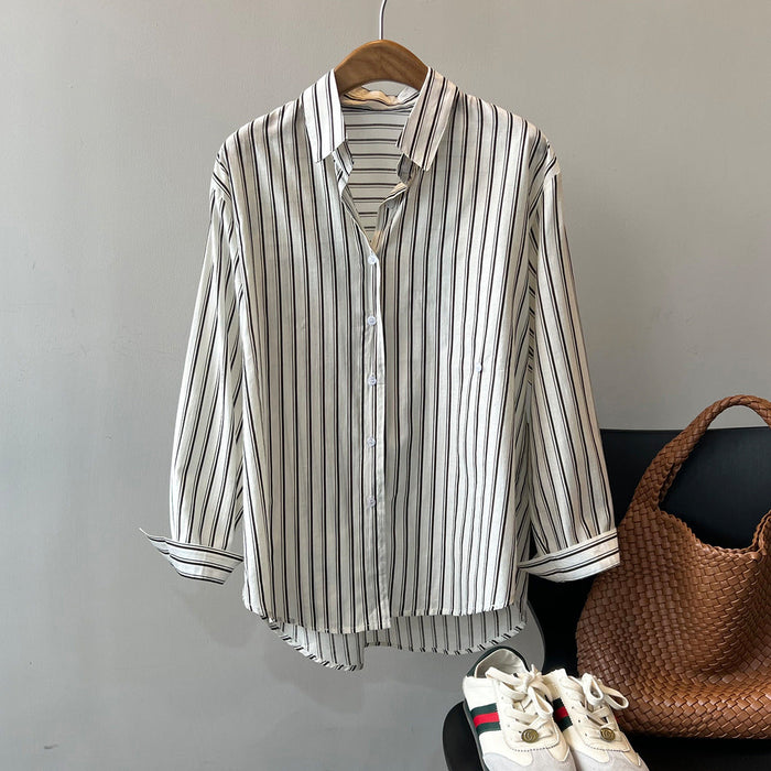 Color-Stripe-French Vertical Striped Shirt Women Autumn Niche Long Sleeve Shirt-Fancey Boutique