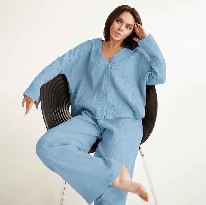 Color-Blue-Summer Double Layer Crepe V-neck French Loose Comfortable Long Sleeve Pajamas Women Cotton Linen Homewear Set-Fancey Boutique