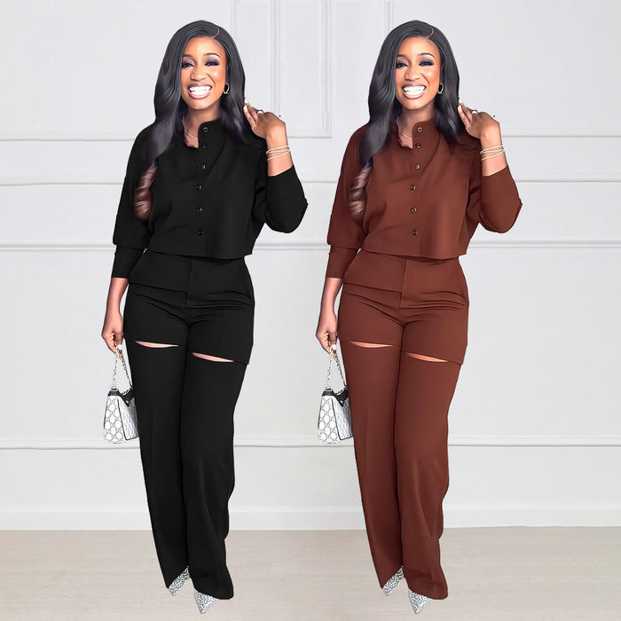 Color-Long Sleeved Cardigan Short Top Suit Holes High Waist Trousers Two Piece Suit-Fancey Boutique