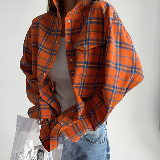 Color-Fall Women Clothing College Orange Plaid Shirt Women Loose Pockets Collared Long Sleeve Shirt-Fancey Boutique