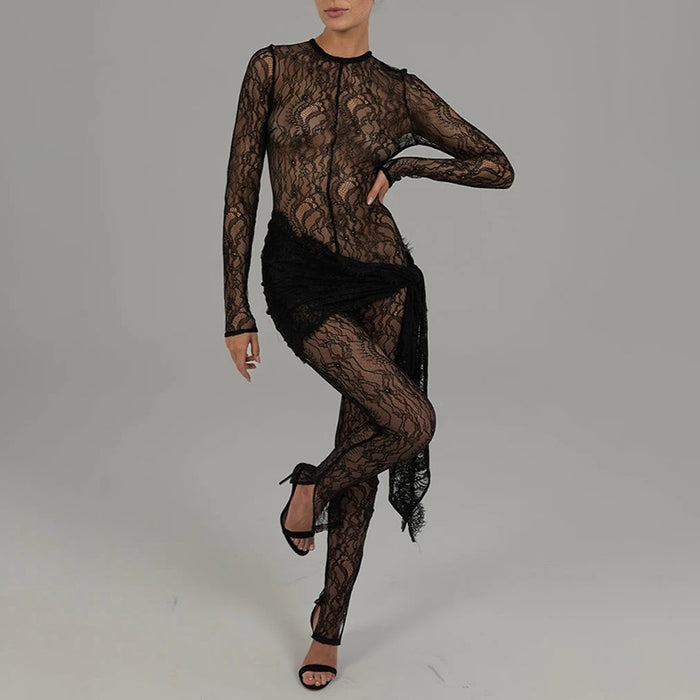 Color-Fall Sexy Hollow Out Cutout Lace Sheer Long Sleeve Slim Fit Patchwork Jumpsuit for Women-Fancey Boutique