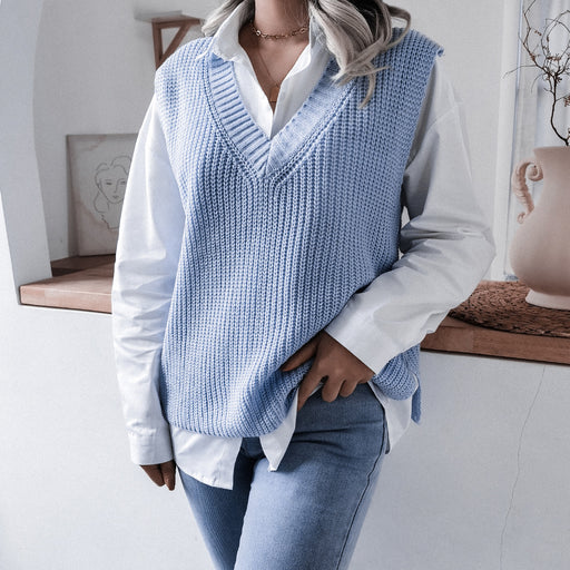 Color-Autumn Winter V-neck Casual Loose Knitted Sweater Vest Jacket Women Clothing-Fancey Boutique