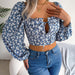 Color-Spring Summer Sexy Stringy Selvedge Lace up Floral Chiffon Shirt Cropped Top Women Clothing-Fancey Boutique