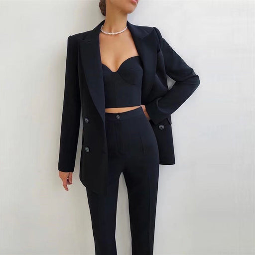 Color-Black-High Quality Casual Office Business Women plus Bra Pants Blazer Suit Set-Fancey Boutique
