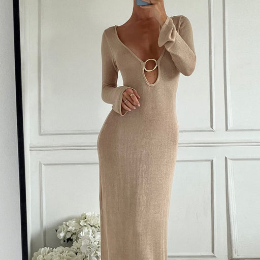 Color-Autumn Winter V neck Sexy Long Knitted Dress Ring Backless Long Sleeves-Fancey Boutique