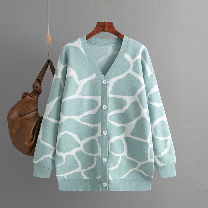 Color-The blue-gray-Women Clothes Autumn Winter Jacquard Sweater V neck Long Line Pattern Baggy Coat-Fancey Boutique