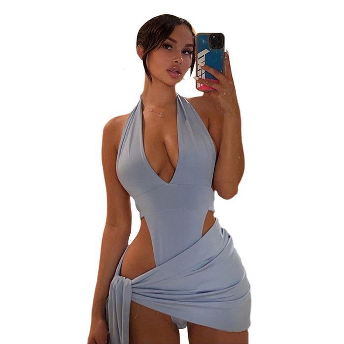 Color-Summer Women Clothing Sexy V-neck Backless Bodysuit Hip Skirt Outfit Women-Fancey Boutique