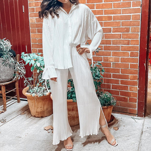 Color-White-Women Clothing Spring Summer Suit Pleated Shirt Long Sleeve Collared Cardigan Split Pajamas Two Piece Suit-Fancey Boutique