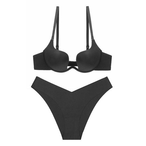 Color-Black-U Shaped Bra Gather Sexy Backless Wedding Dress Beauty Back Push Up Bra Low Collar Half Pack Underwear Set-Fancey Boutique