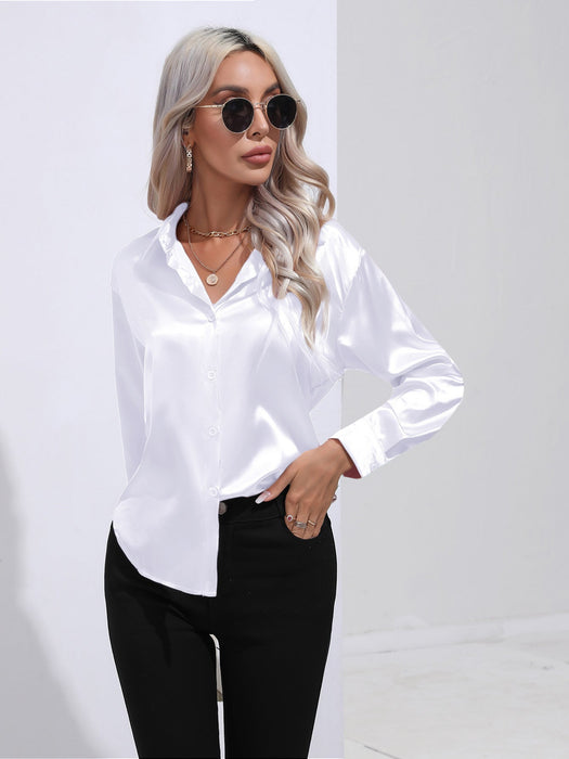 Color-White-Satin Shirt Women Satin Artificial Silk Long Sleeve Shirt Spring Summer Women Clothing-Fancey Boutique