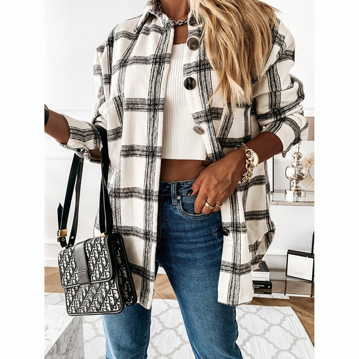 Color-Autumn Winter Women Shirt Plaid Casual Brushed Woolen Cardigan-Fancey Boutique