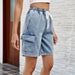 Color-Women Clothing Spring Summer Washed Tied Elastic Waist Five Point Denim Shorts-Fancey Boutique