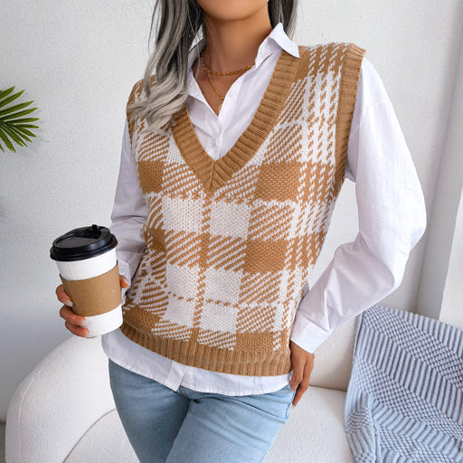 Color-Autumn Winter Casual Color Contrast Check Knitted Vest Sweater Vest Women Clothing-Fancey Boutique