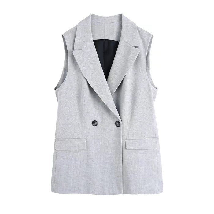 Color-Multi-Spring Women Gray Double Breasted Vest Jacket-Fancey Boutique