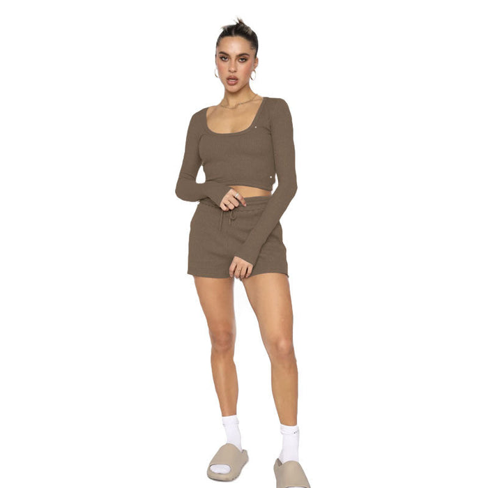 Color-Khaki-Spring Waffle Solid Color U Neck Long Sleeved Short Women Clothing Casual Shorts Suit-Fancey Boutique