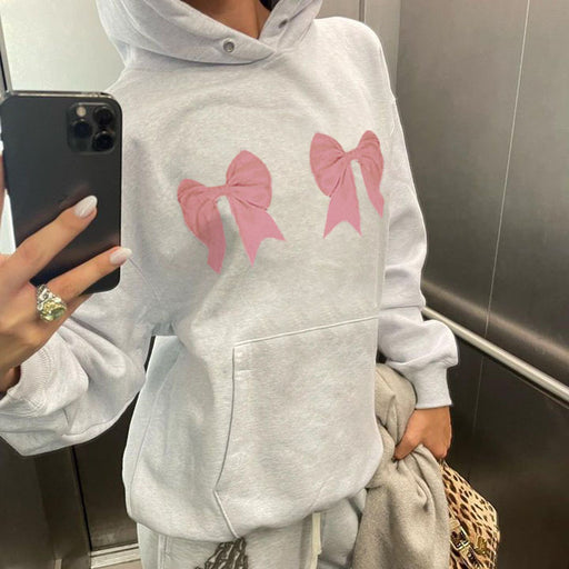 Color-Bow Print Hooded Large Hoody Women Autumn Winter Lazy Wind Loose Pullover Long Sleeve Casual Top-Fancey Boutique