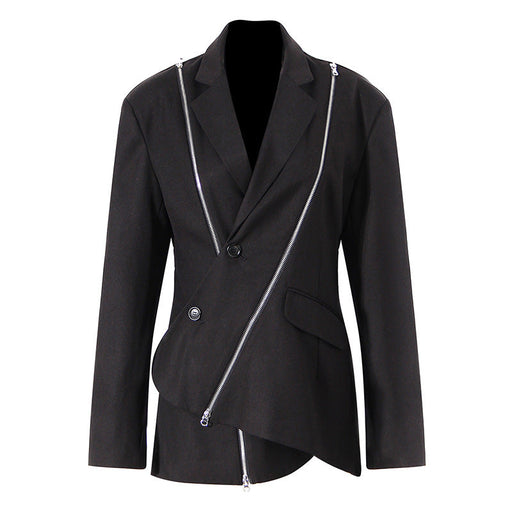 Color-Niche Design Dark Blazer Spring Asymmetric Metal Zipper Decorations Long Sleeve-Fancey Boutique