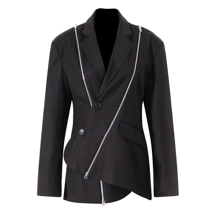 Color-Black-Niche Design Dark Blazer Spring Asymmetric Metal Zipper Decorations Long Sleeve-Fancey Boutique