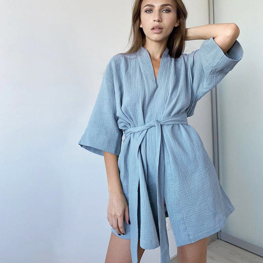 Color-Spring Pure Cotton Casual Home Nightgown Short Cardigan Double Layer Gauze Simple Women Pajamas-Fancey Boutique