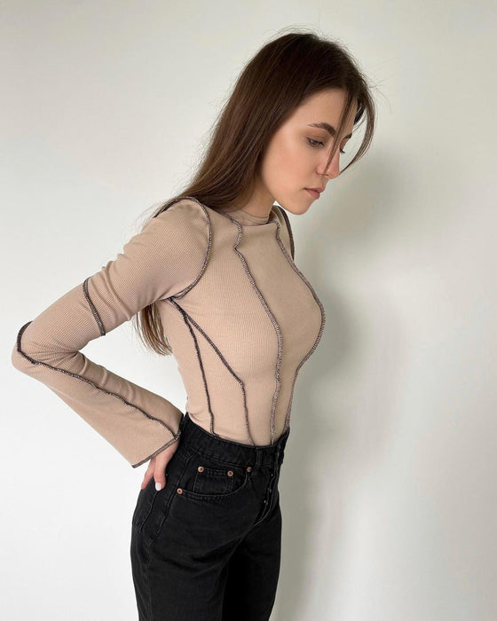 Color-Autumn Winter Round Neck Bell Sleeve Sunken Stripe Top Women Arrival Bottoming Women Sexy Long Sleeve-Fancey Boutique