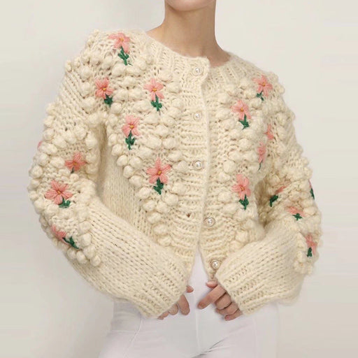Color-Autumn Winter Handmade Crocheted Embroidery Twist Pearl Buckle Knitted Sweater Cardigan Coat-Fancey Boutique