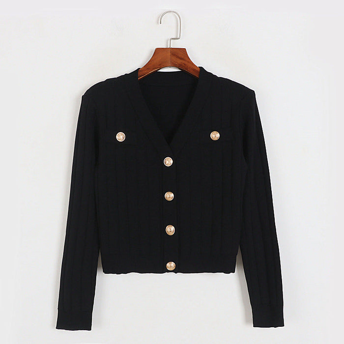 Color-Black-Knitted Cardigan Women Early Autumn Goddess Heavy Industry Metal Buckle Long Sleeve Top-Fancey Boutique