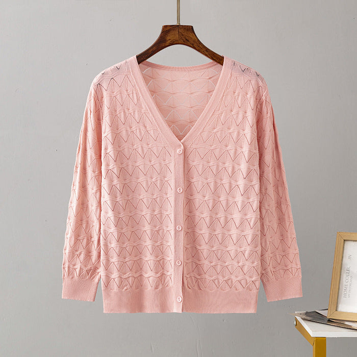 Color-Pink-V neck Thin Coat Solid Color Simple Dignified Hollow Out Cutout Jacquard Younger Knitted Cardigan Sunscreen Women-Fancey Boutique