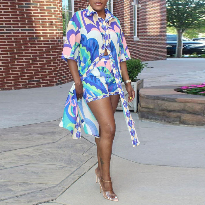 Color-Casual Printed Long Shirt Shorts Suit Two Piece Set-Fancey Boutique