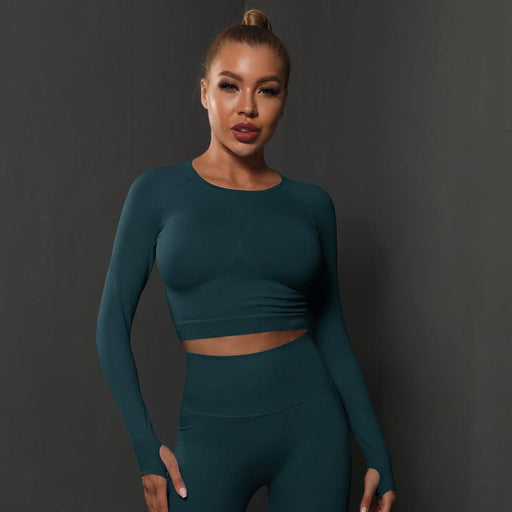 Color-Dark Green-Seamless Knitted Solid Color Peach Tight T Shirt Top Fitness Exercise Yoga Clothes Moisture Absorption Body Shaping Long Sleeve Women-Fancey Boutique