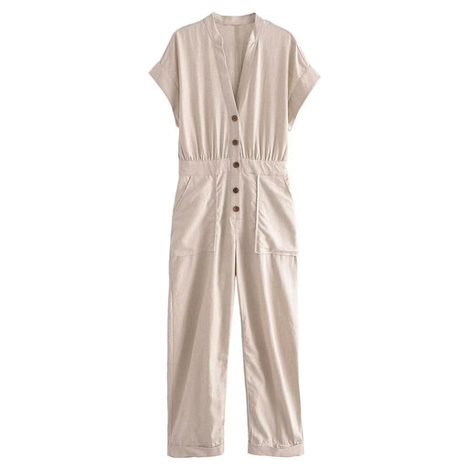 Color-Ivory-Summer Women Clothing Linen Blended Straight Long Jumpsuit-Fancey Boutique