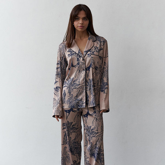 Color-Autumn Imitated Silk Pajamas Long Sleeved Trousers Two Set Loose Comfort Printing Home Wear for Women-Fancey Boutique