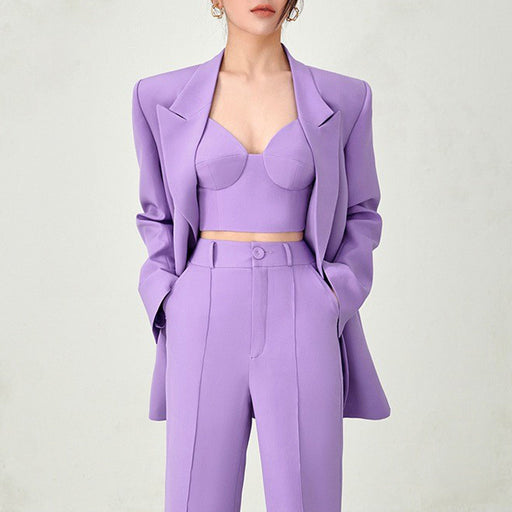 Color-violet-Casual Solid Color Office Business Casual Women Work Pant Three Piece Set-Fancey Boutique