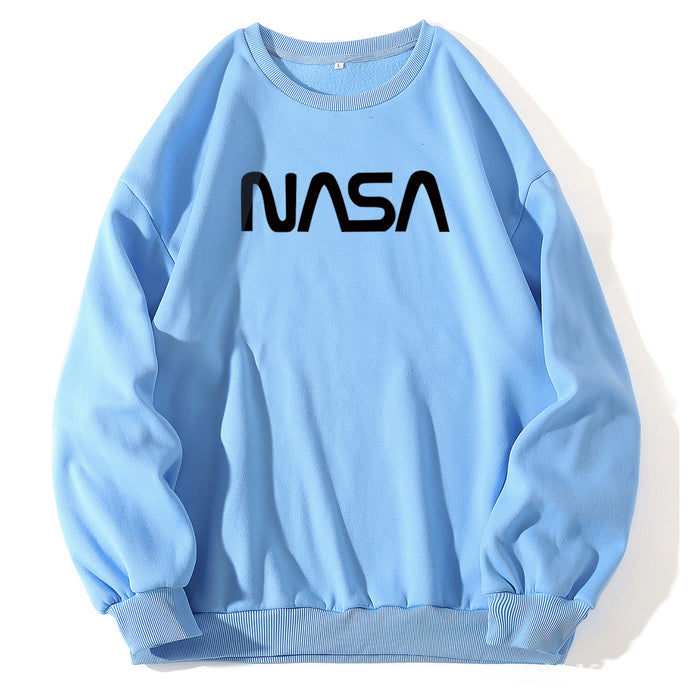 Color-Fleece Lined Crew Neck Sweater Women NASA Letter Graphic Print Fresh Casual Pullover Round Neck Long Sleeves T Shirt-Fancey Boutique