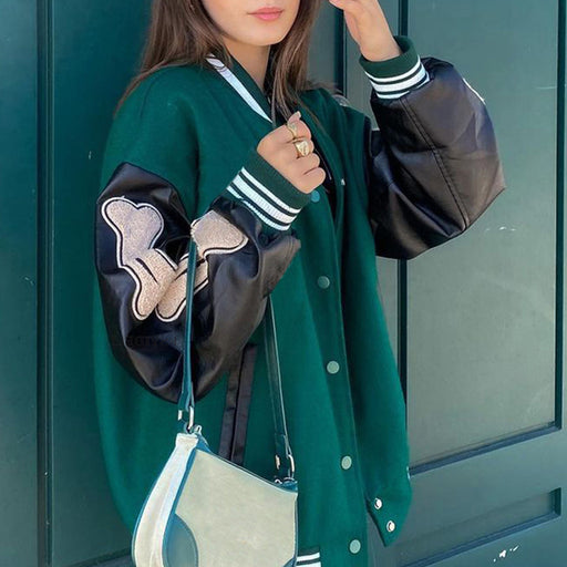 Color-Women Clothing Varsity Jacket Leather Sleeve Stitching Bone Embroidery Autumn Winter Padded Jacket Women-Fancey Boutique