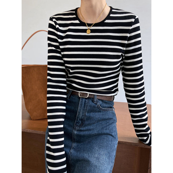 Color-Spring Striped Long Sleeved shirt Women Slim Fit Slimming Inner Bottoming Shirt Top-Fancey Boutique