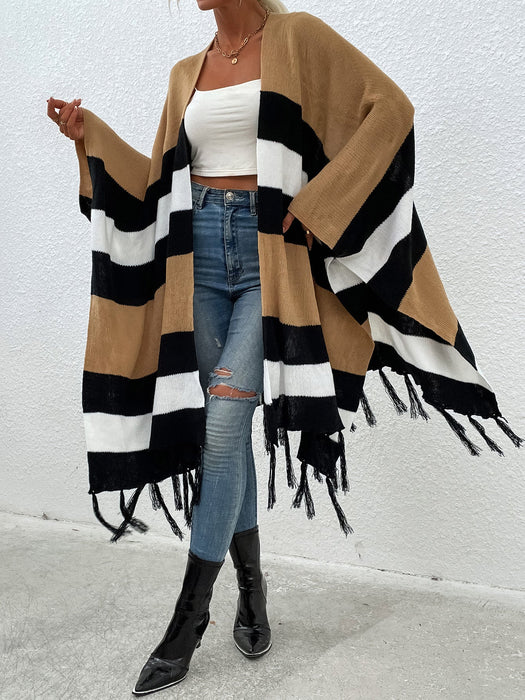 Color-Autumn Winter Striped Contrast Color Tassel Shawl Sweater Cloak-Fancey Boutique