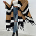 Color-Khaki-Autumn Winter Striped Contrast Color Tassel Shawl Sweater Cloak-Fancey Boutique