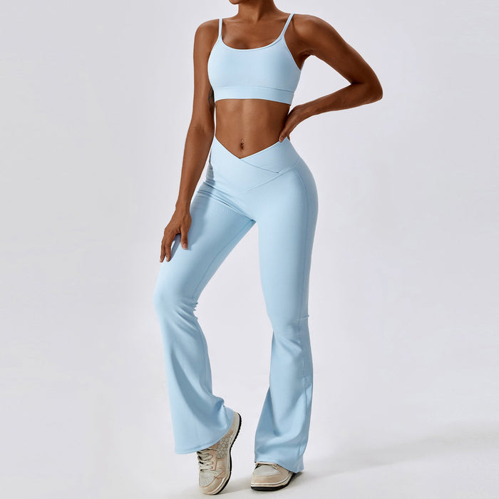 Color-'-1 Bra Bell-Bottom Pants Sky Blue-Thread Abdominal Shaping High Waist Beauty Back Yoga Suit Quick Drying Push up Hip Raise Skinny Workout Exercise Outfit-Fancey Boutique