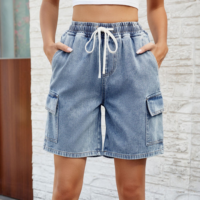 Color-Women Clothing Spring Summer Washed Tied Elastic Waist Five Point Denim Shorts-Fancey Boutique