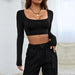 Color-Black-Autumn Winter Women Clothing Sports Casual Cropped Knitted High Elastic Long Sleeved T shirt Top-Fancey Boutique