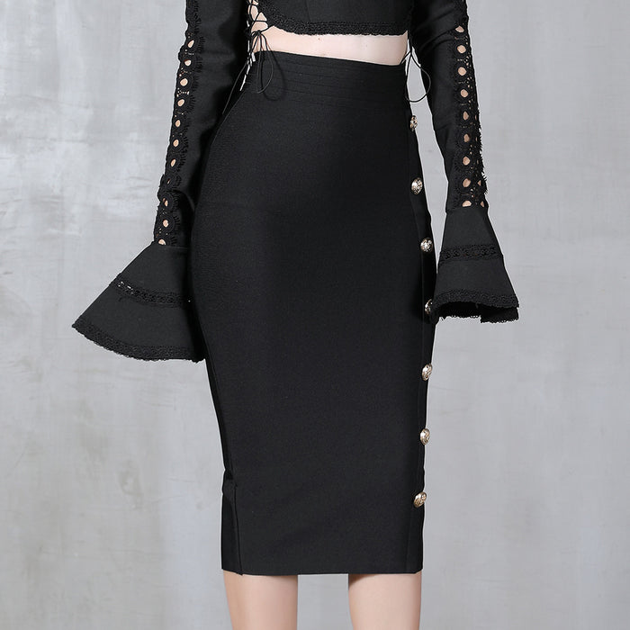 Color-Autumn Winter Tight Waist Slimming Skirt Seam Buckle Midi Slim Fit Bandage Wild Hip Skirt-Fancey Boutique