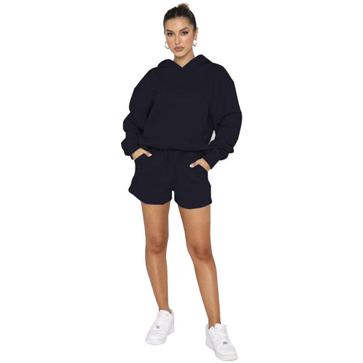 Color-Blue-Autumn Winter Solid Color Pullover Hooded Long Sleeves Sweaters Women Clothing Casual Shorts Suit-Fancey Boutique