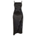 Color-Black-Slim Fit Sexy High Split Dress Satin Boning Corset Hip Pleated Suspender Women-Fancey Boutique
