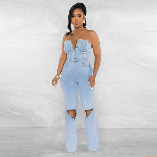 Color-Summer Sexy Cutout Hole Long Zipper Wrapped Chest Denim Jumpsuit-Fancey Boutique