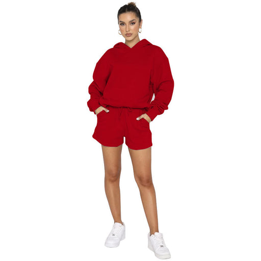Color-Red-Autumn Winter Solid Color Pullover Hooded Long Sleeves Sweaters Women Clothing Casual Shorts Suit-Fancey Boutique