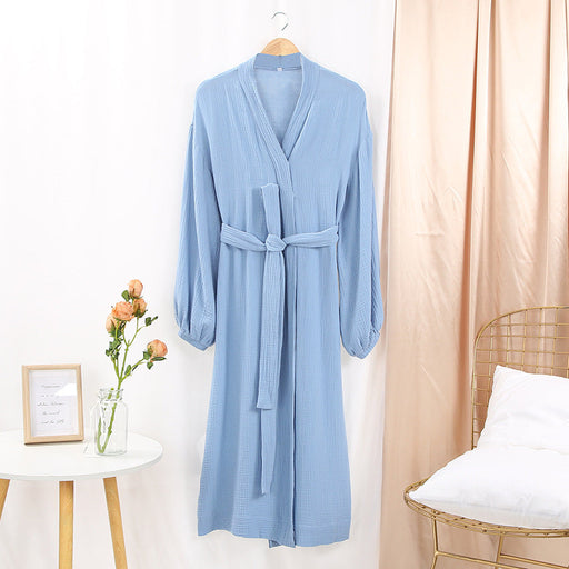 Color-Blue-Early Spring French Solid Color Cardigan Nightgown Double Layer Gauze Full Cotton Casual Home Pajamas Women Cotton-Fancey Boutique