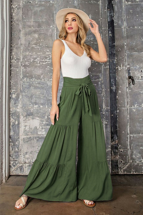 Color-Women Clothing Bandage Elastic Waist Pleated Wide Leg Pants Casual Loose Trousers-Fancey Boutique