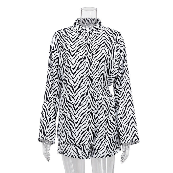 Color-Black-Autumn Set Loose Black White Striped Shirt Shorts Two Piece Set Women Clothing-Fancey Boutique