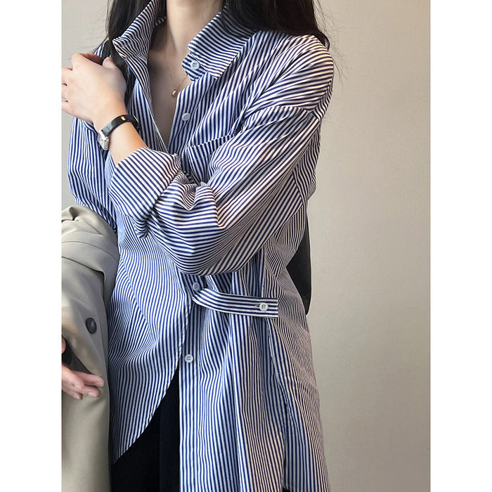 Color-French Minority Striped Shirt Women Autumn Long Sleeve Waist Tight Back Slit Shirt-Fancey Boutique